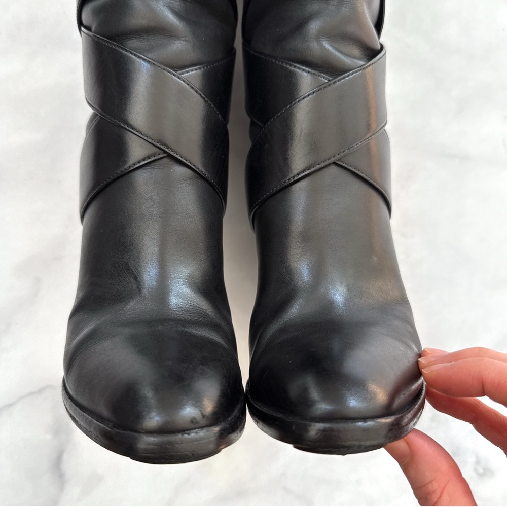 Saint Laurent Strappy Leather Wrap Around Tall Knee High Block Heeled Boot Black - Picture 6 of 16